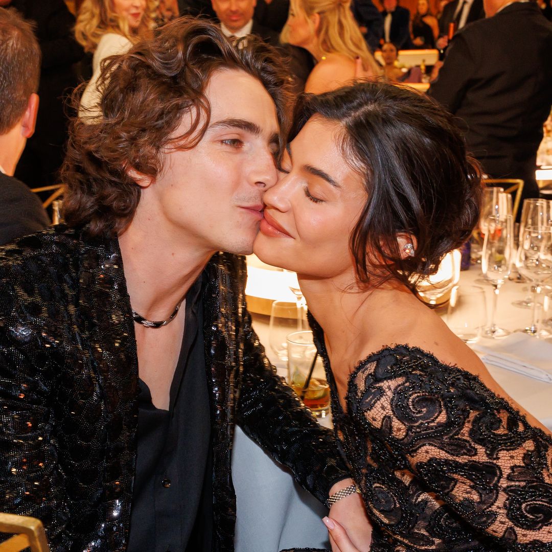 Timothee Chalamet and Kylie Jenner at the 81st Golden Globe Awards held at the Beverly Hilton Hotel on January 7, 2024 in Beverly Hills, California. (Photo by Christopher Polk/Golden Globes 2024/Golden Globes 2024 via Getty Images)