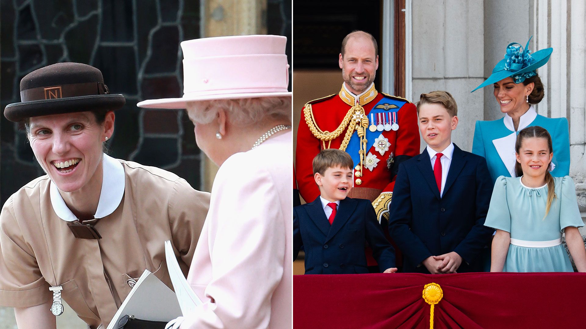 Royal nanny Maria Teresa smiling at queen elizabeth beside picture of william and kate and children on balcony